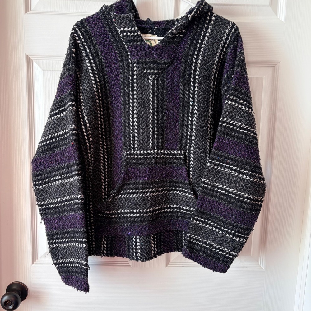 Baja Joe Mexican Baja Hoodie Pullover Purple Black Striped Large‎ Made in Mexico